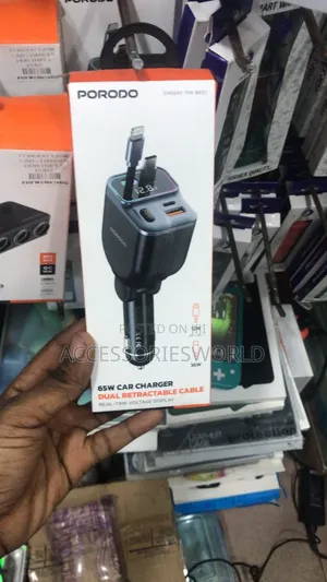 Porodo 65w Car Charger With Dual Retractable Cable.