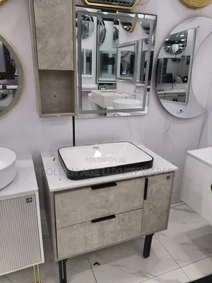 Beige Cabinet With Side Shelf and Mirror