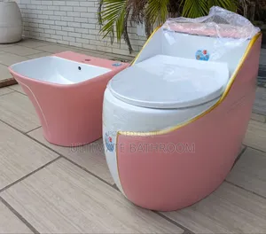 White And Pink Watercloset With Suspended Washing Hand Basin