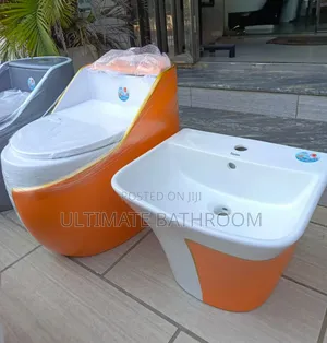 White And Orange Colour Watercloset With Suspended Washing Hand Basin