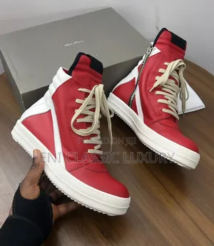 Rick Owen Leather High Too Red/White Sneakers Best Quality Well Banded