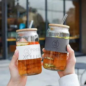 Mason Jar Coffee Cup Bamboo Wood Cover Flat Glass