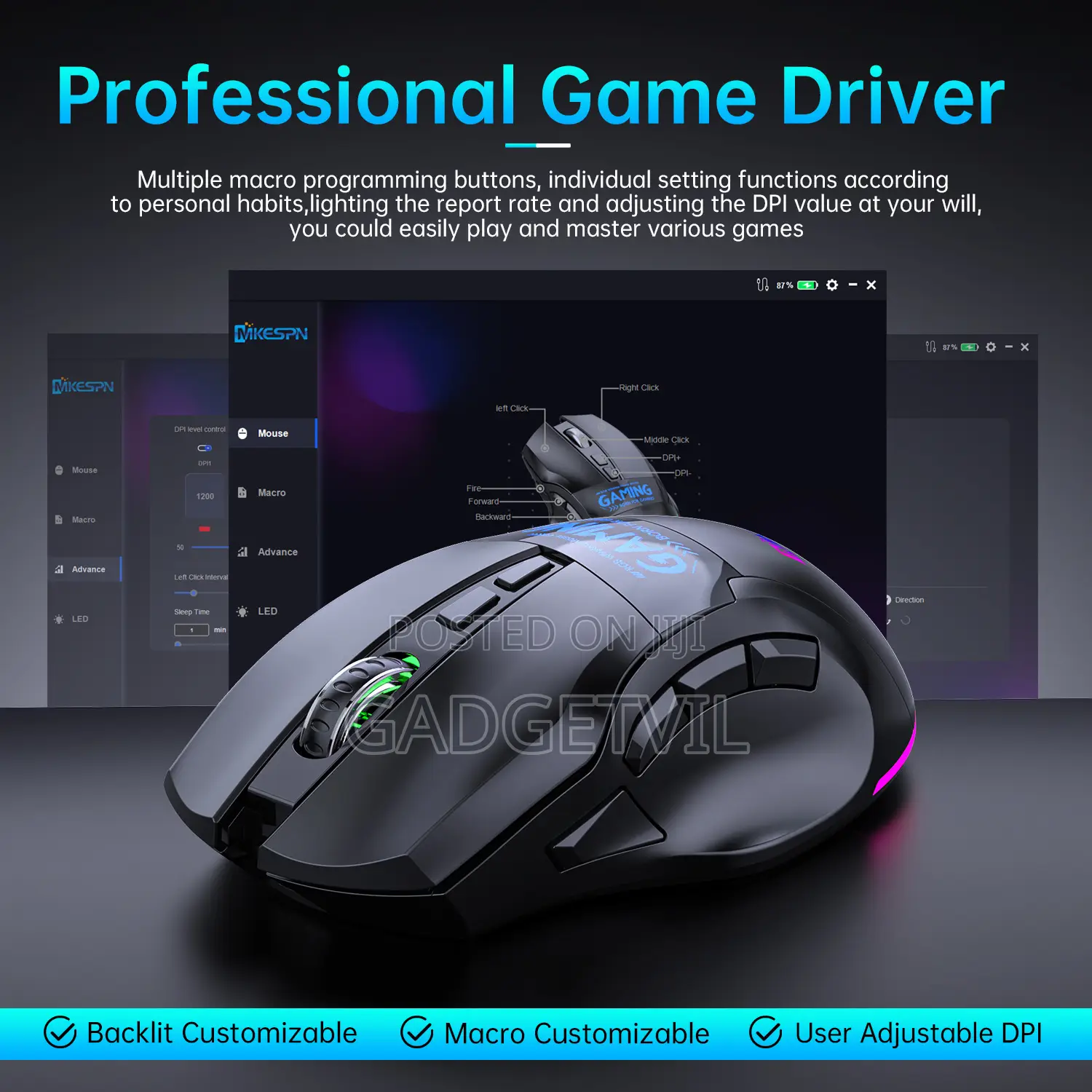 12800dpi 3-mode 9-button Macro Definition Ergonomic Wireless Mouse