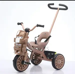 Children's Tricycle With a Robot-Themed Front and Handle.