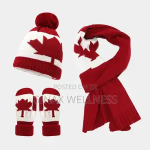 -Piece Canadian Maple Leaf-Designed Set With Beanie, Scarf and Mittens