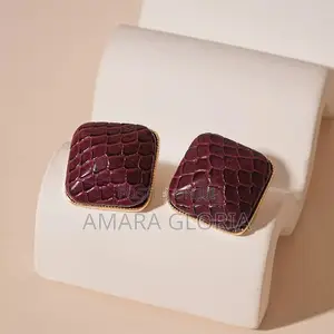 Vintage Artificial Leather Square Geometric Silver Pin Earrings.