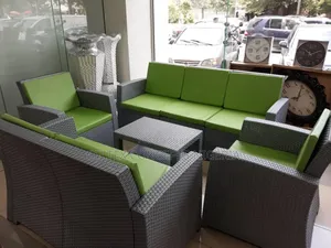 7 Seater Outdoor Plastic With Green Cushions