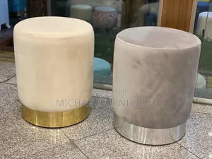 Round Velvet Ottoman With Gold and Silver Base