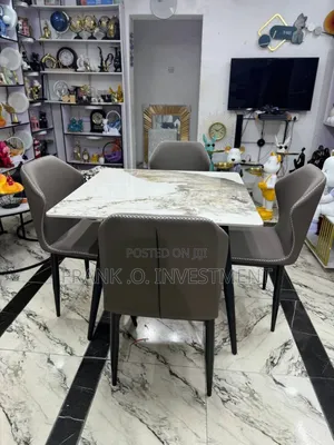 Square Marble Dinning Table + 4 Chairs - Gray