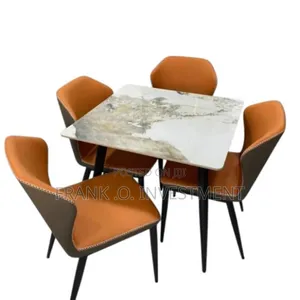 Square Marble Dinning Table + 4 Chairs- Orange Seat
