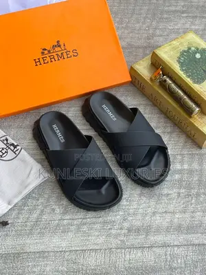 Original Hermes Black Leather Slippers