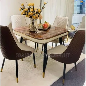 Square Marble Dinning Table + 4 Leather Chairs - Brown