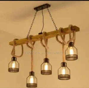Wood Rope Multi-Pendant Ceiling Light – 5 Hanging Lanterns
