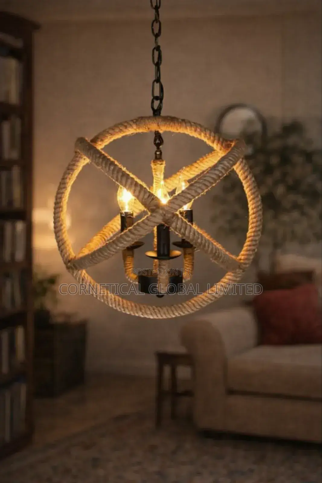 Rustic Rope Orb Chandelier – 3-Light Vintage Hanging Ceiling Lamp