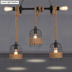 Black Birdcage Island Pendant Light With Jute Rope Cord - 5 Bulbs,