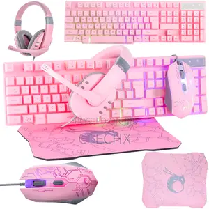 Pink Gaming Keyboard Mouse Headset Bundle Wired RGB Led 4-in-1 Edition