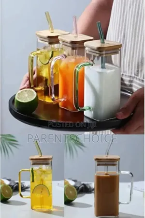 Borosilicate Glass Mug With Wooden Lid and Straw 400 Ml Set of 1 PC
