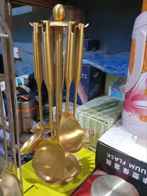 7pcs Golden Stainless Steel Kitchen Spoons With Rack