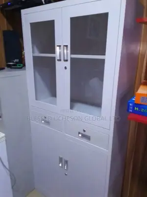 Half Glass / Half Door Metal Cabinet With Drawers.