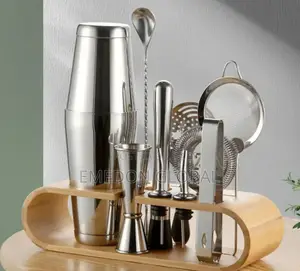 Stainless Steel Boston Shaker Bar Accessories Kit With Wooden Base