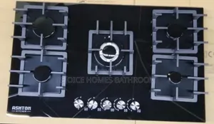 5 Burner Black Glass Gas Hob With Cast Iron Supports With Battery
