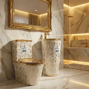 Original Gold And White England Water Closets Set With Standing Basin