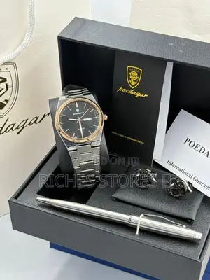 Poedagar Premium Leather Watch Set (Watch + Pen + Cufflink)