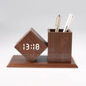 Wooden Led Digital Clock Pen Holder - Sound Control, Temp, Alarm