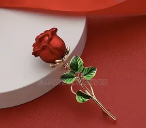 Holiday Cheer Elegant Red Rose Brooch With Green Leaves -M