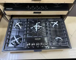 5 Burner Black Glass Gas Hob With Battery Cast Iron Grates