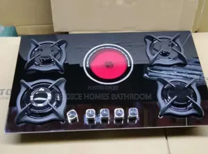 5 Burner Black Gas Cooker Hob With Electric Hot Plate Auto Ignition