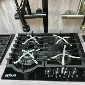 4 Burner Black Glass Gas Hob With Heavy-Duty Cast Iron Grates