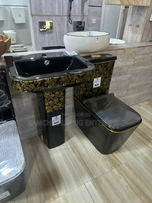 Black & Gold Marble Bathroom Combo – Toilet + Pedestal Basin