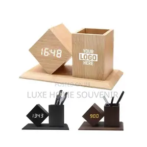 Digital Alarm Clock With Bamboo Pen Holder
