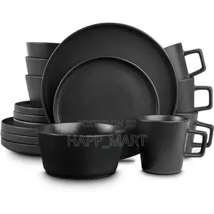 16pcs Matte Black Ceramic Plate Set