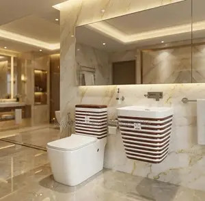 Set of Wc With a Brown Strip Wall-Hung