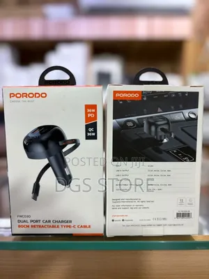 Porodo Fwc030 Dual Port Car Charger 80cm Retractable Type C Cable