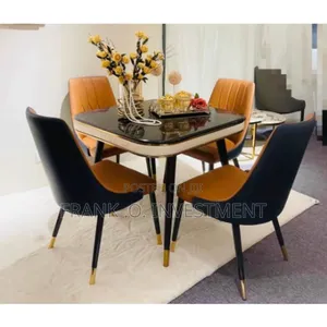 Modern Marble Square Dinning Table and 4 Leather Chairs