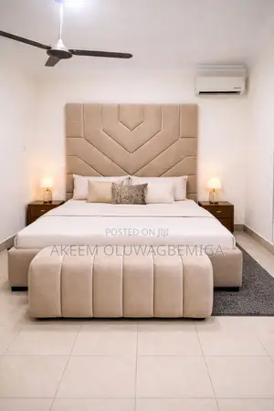 6by6 Padded Bedframe With Two Bedside Cabinets and Ottoman