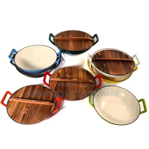 36cm Enamel Cast Iron Wok Pan With Wooden Cover