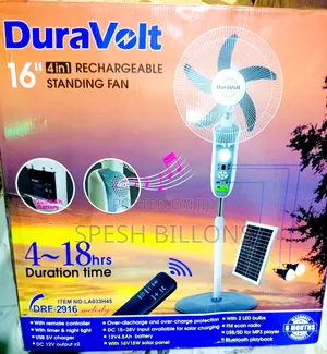 Duravolt 16′′ Rechargable Fan | Solar + Bulb + Bluetooth Speaker