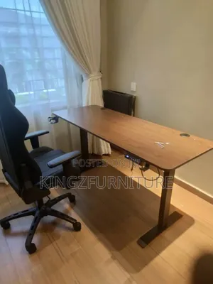 Walnut-Top Electric Height-Adjustable Standing Desk With Gaming Chair