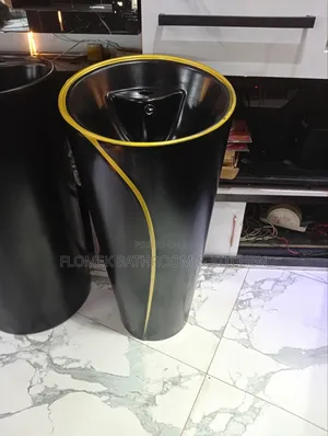 Modern Black Pedestal Basin With Gold Accent