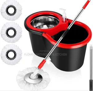 Red And Black Spinning Mop With Soap Dispenser.