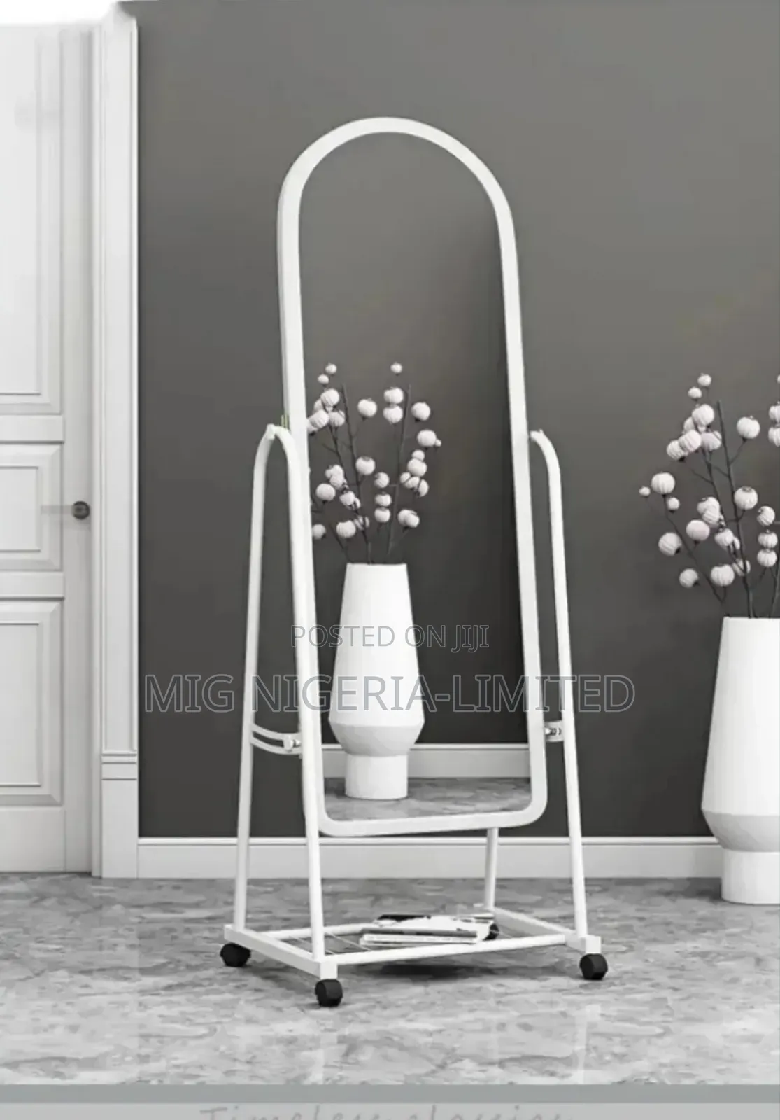 Standing Moveable Dressing Mirror With Shelves White