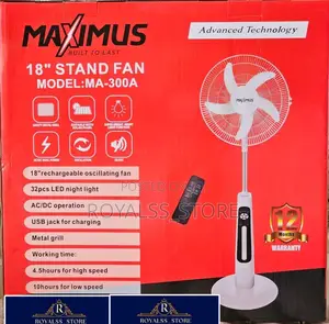 Maximus 18′′ Rechargeable Stand Fan With Remote Control