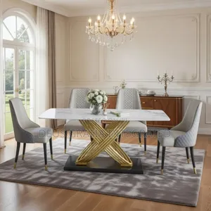 Marble Top Dining Set - 6 Leather Chairs