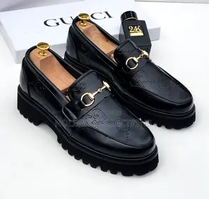 Black Plain Leather Gucci Patterned Loafers
