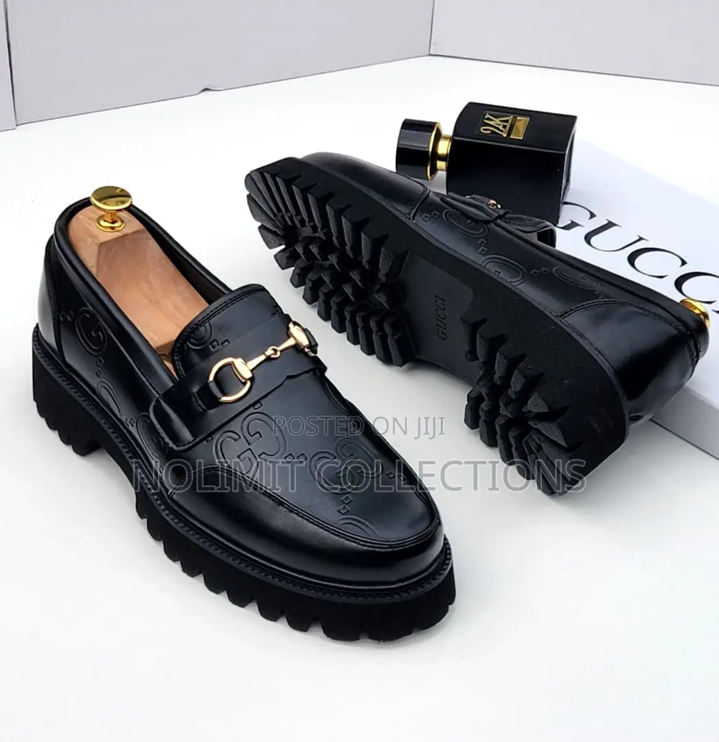 Black Plain Leather Gucci Patterned Loafers