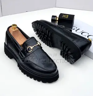 Black Plain Leather Gucci Patterned Loafers